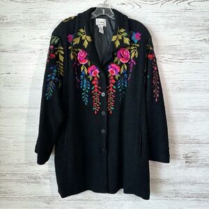 LINEA BY LOUIS DELL’OLIO Wool Floral Embroidered Textured Dress Coat 2X Black
